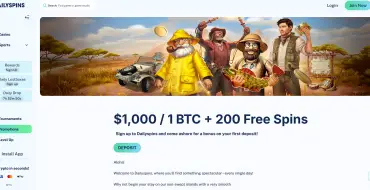 100% up to $1000 or 1 BTC + 200 FS on your first deposit at Dailyspins: Криптоказино Dailyspins