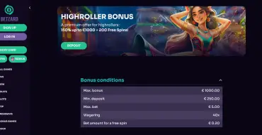 High Roller Bonus 150% up to €/$1000 and 200 FS at Betzard: Онлайн казино Betzard