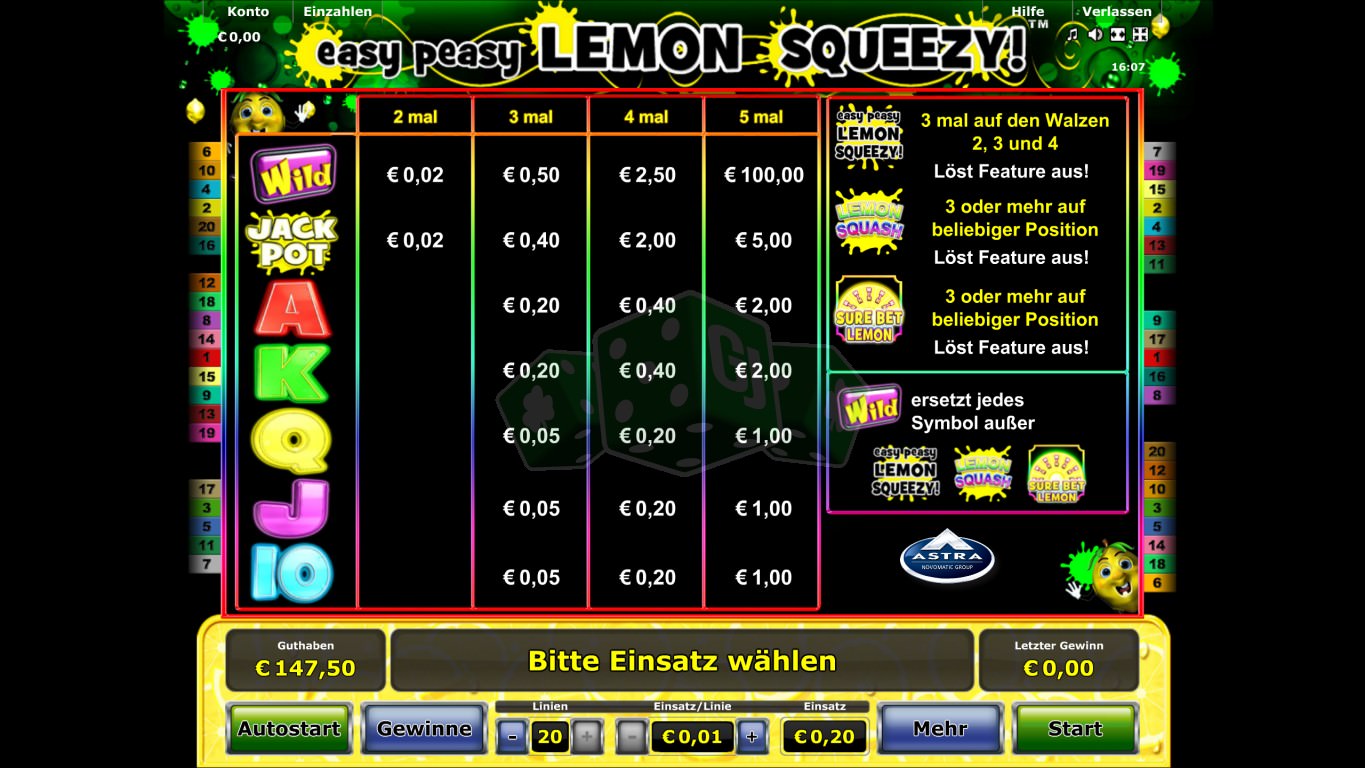 таблица выплат слота Easy Peasy Lemon Squeezy