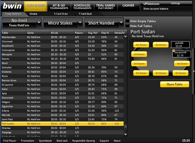 Выбор игровой комнаты в покер-руме Bwin