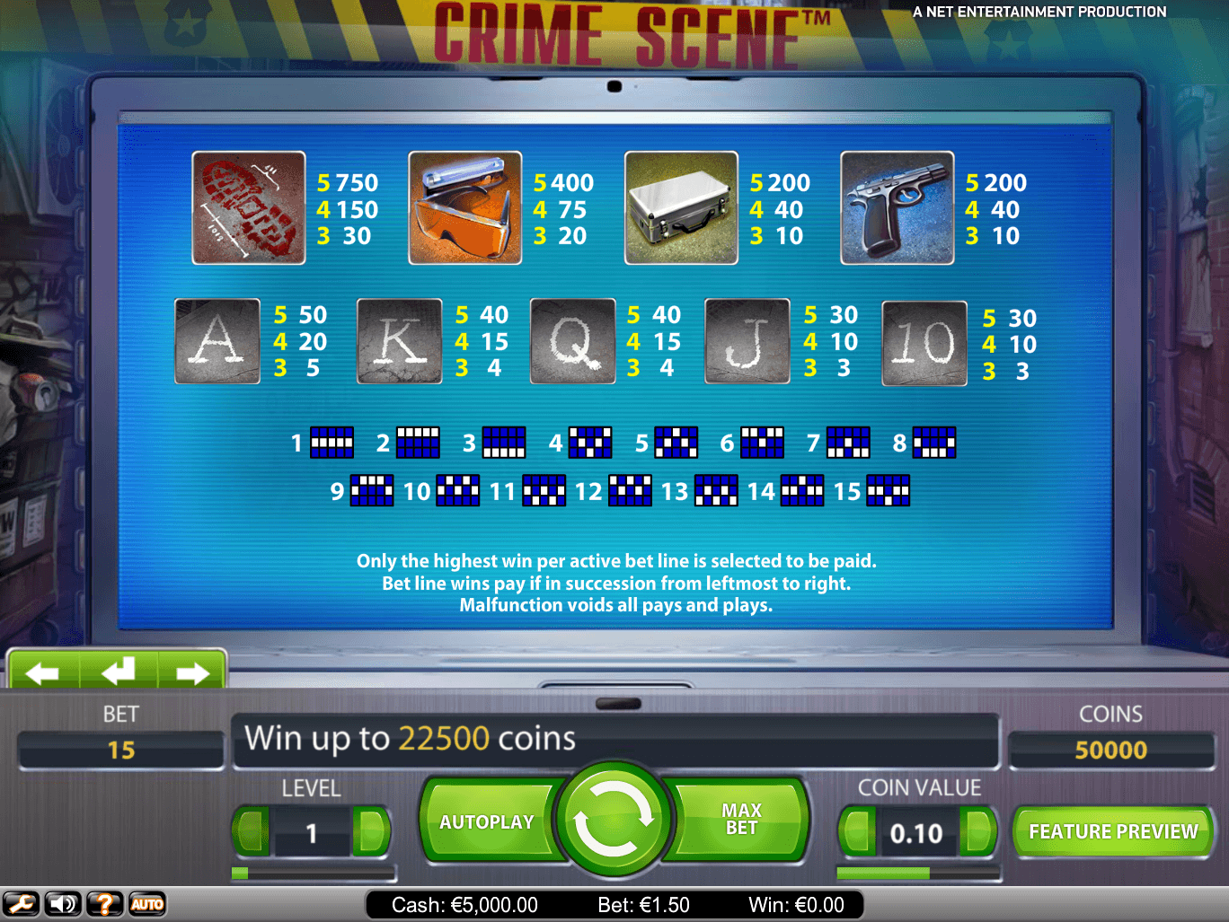 линии выплат игрового автомата Crime Scene