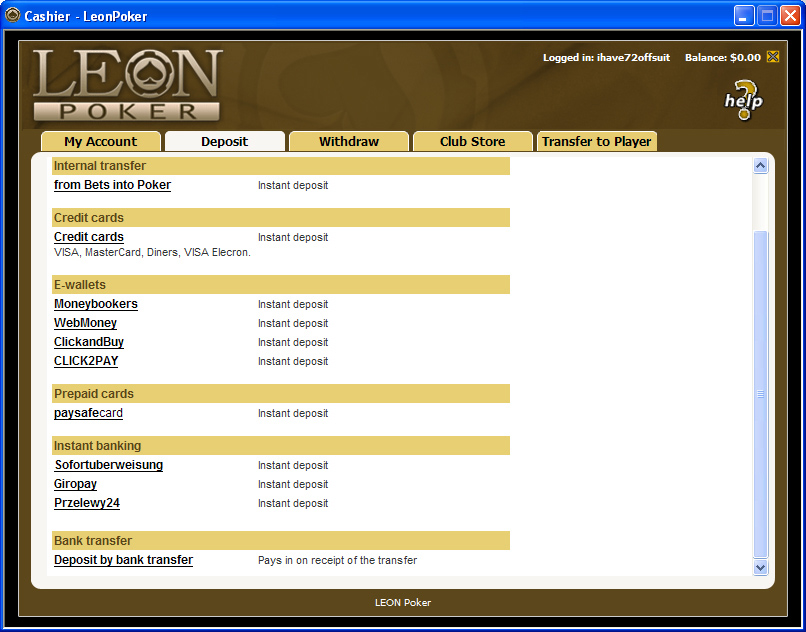 способы депозита в Leon Poker